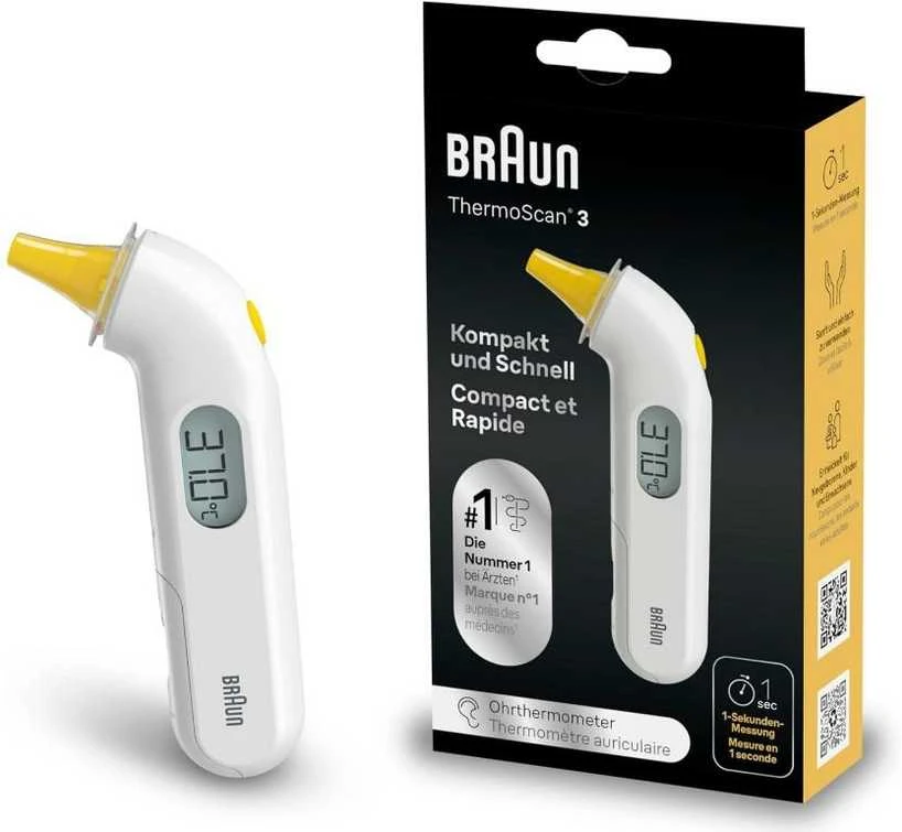 Braun Thermoscan 3 infraraudonųjų spindulių ausies termometras IRT3030 Atminties funkcija, Matavimo laikas 1 s, Baltas