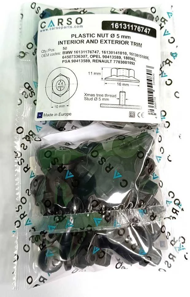 Carso BMW Mini RR Plastikinė veržlė 10 mm šešiakampė savisriegė M6 50 vnt. 16131176747