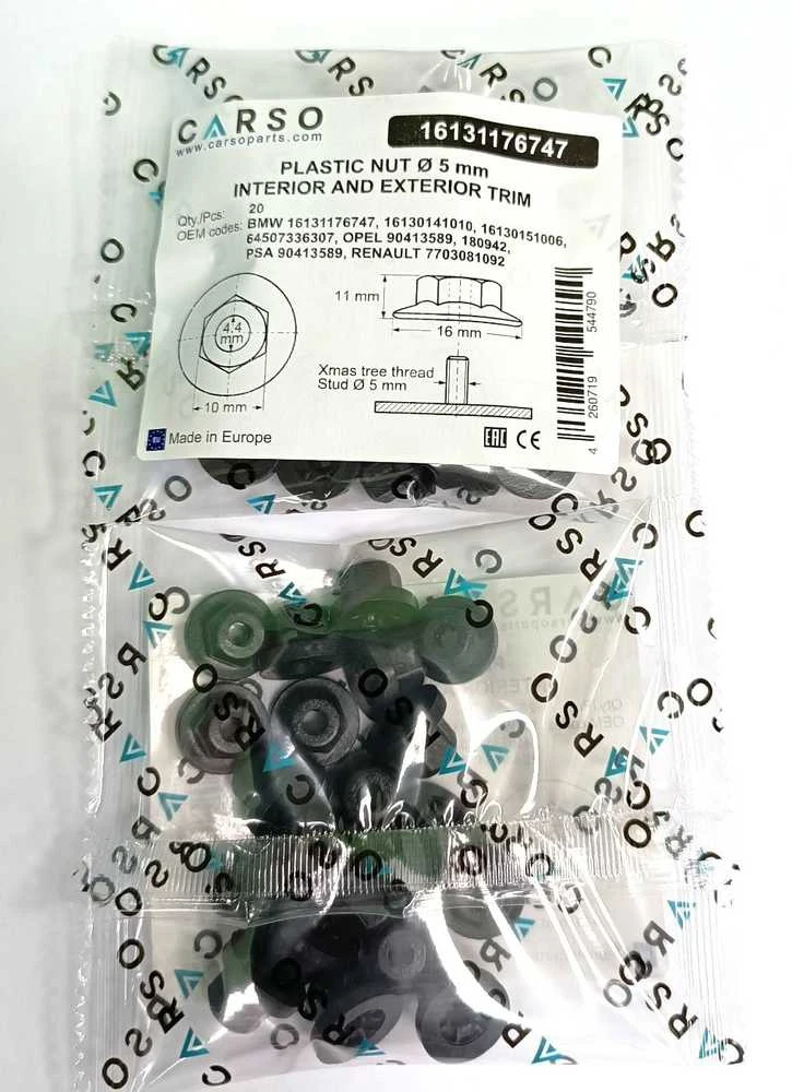 Carso BMW Mini RR Plastikinė veržlė 10 mm šešiakampė savisriegė M6 20 vnt. 16131176747