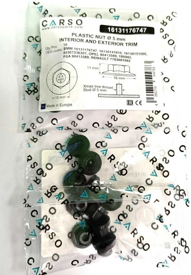 Carso BMW Mini RR Plastikinės veržlės 10 mm šešiabriaunės savisriegės M6 10 vnt. 16131176747