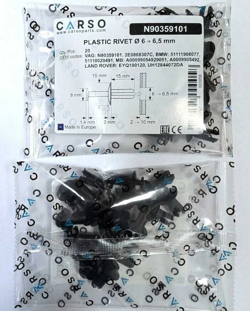 CARSO pakaitinė kniedė 6x15, skirtas VW, MB ir BMW tvirtinimo detalėms N90359101, 10vnt.