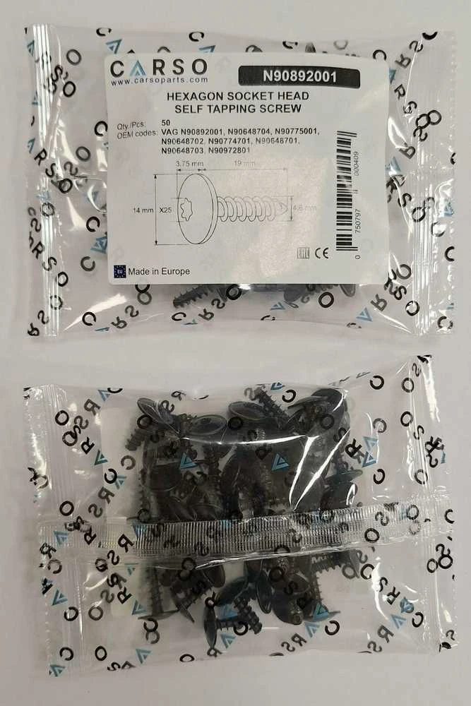Carso Šešiakampė galvutė su šešiakampiu galvute, skydo varžtas Audi VW Skoda PORSCHE N90648704 50 vnt.