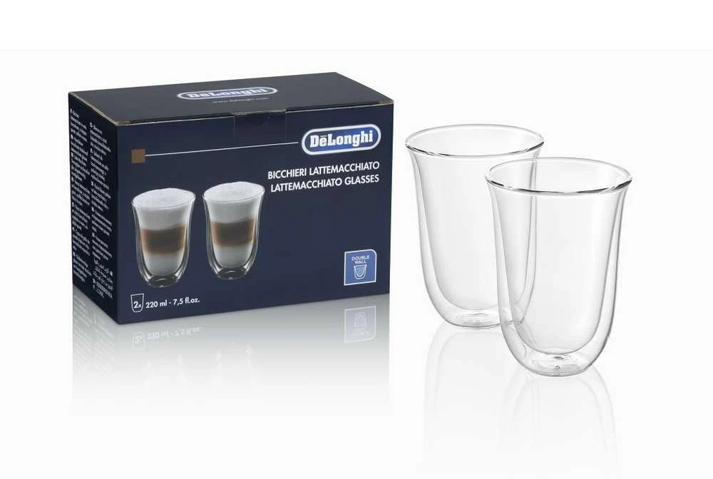Delonghi kavos stiklinių rinkinys, 2 stiklinės, latte, 220 ml, 2 vnt., atsparios vandeniui, permatomos