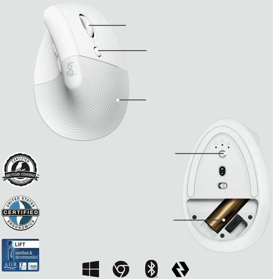LOGITECH Lift verslui Vertikali pelė ergonomiškas 6 mygtukai belaidis Bluetooth 2.4 GHz Bolt USB imtuvas off-baltas