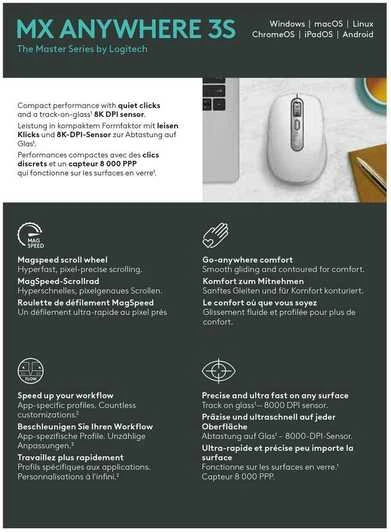 Belaidė pelė Logitech MX Anywhere 3S, šviesiai pilkos spalvos