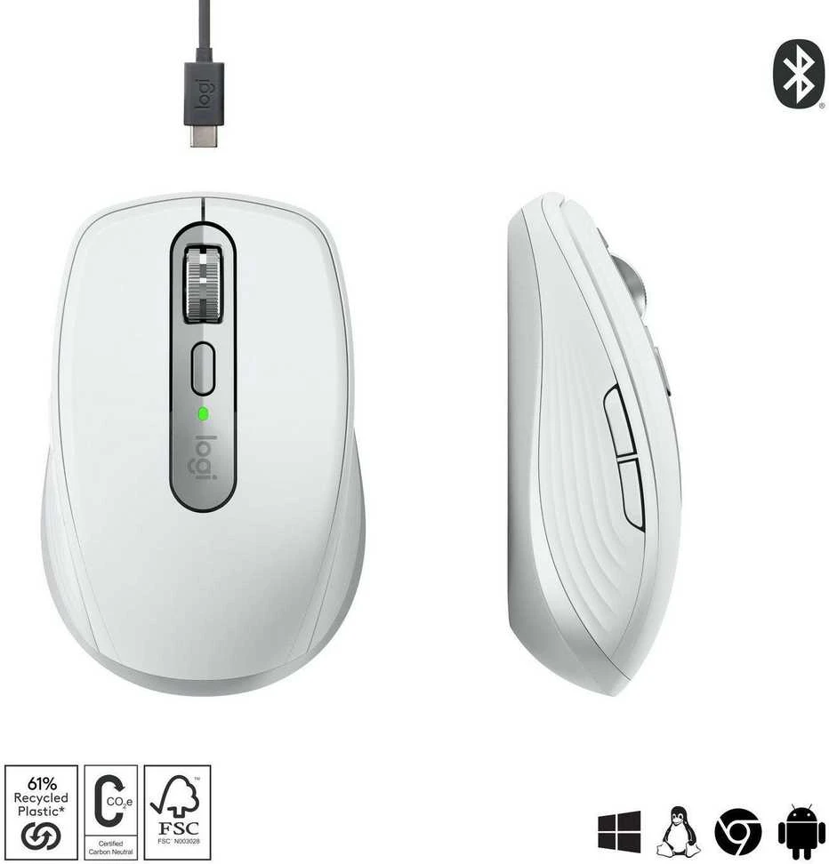 Belaidė pelė Logitech MX Anywhere 3S - RF belaidė + Bluetooth, lazerinis, 8000 DPI, Pale Pilkas (Baltas)