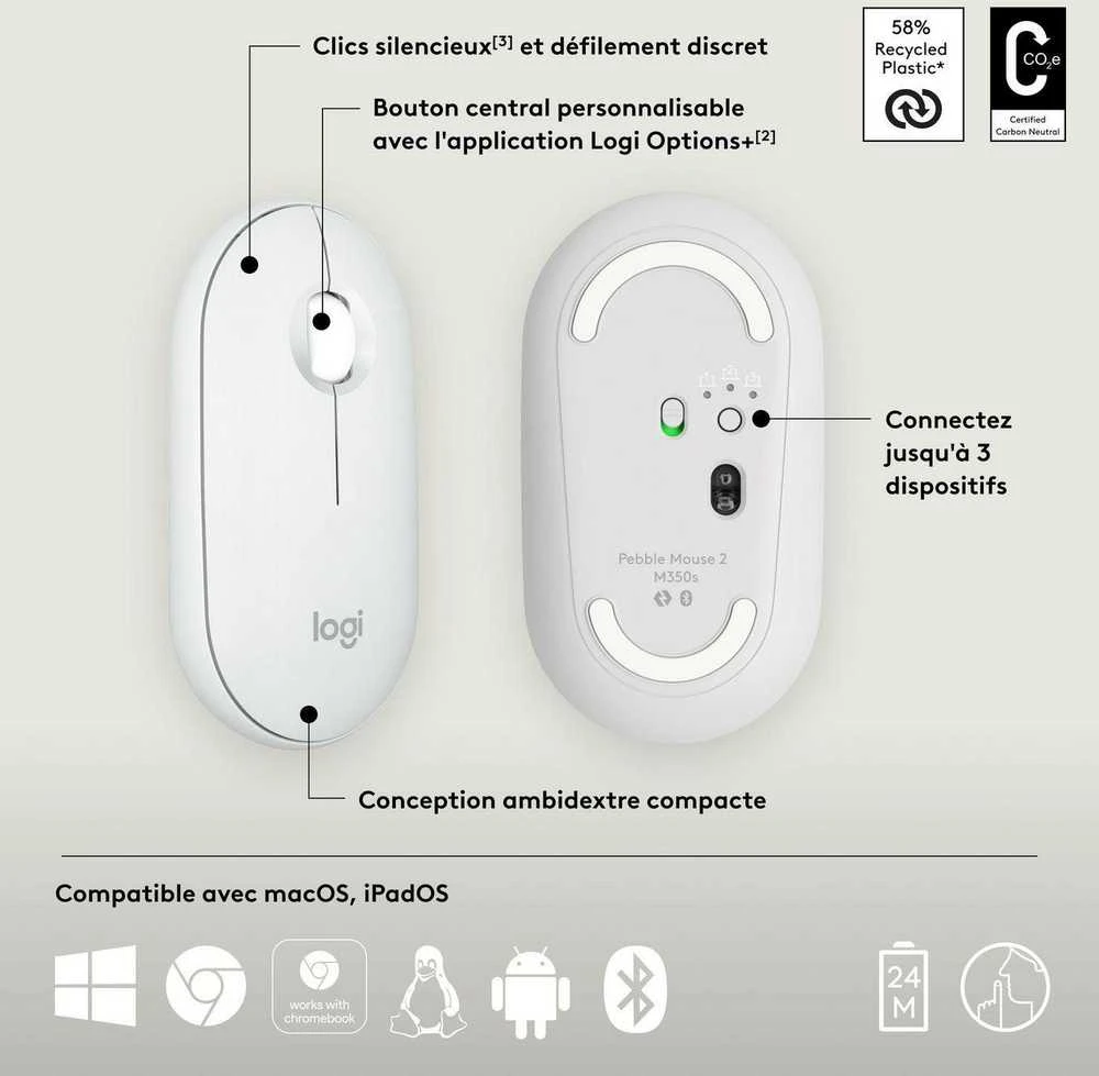 Belaidė pelė Logitech Pebble Mouse 2 M350s, Balta