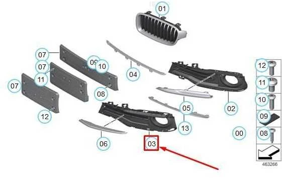 Originalus BMW F30N F31N Priekinis bamperis Atviras rūko žibinto groteles Kairė OEM 51117396885