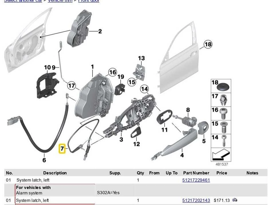 Originalus BMW hibridinis M3 F30 Bowden kabelis išorinėms durų rankenoms priekyje 51217259828