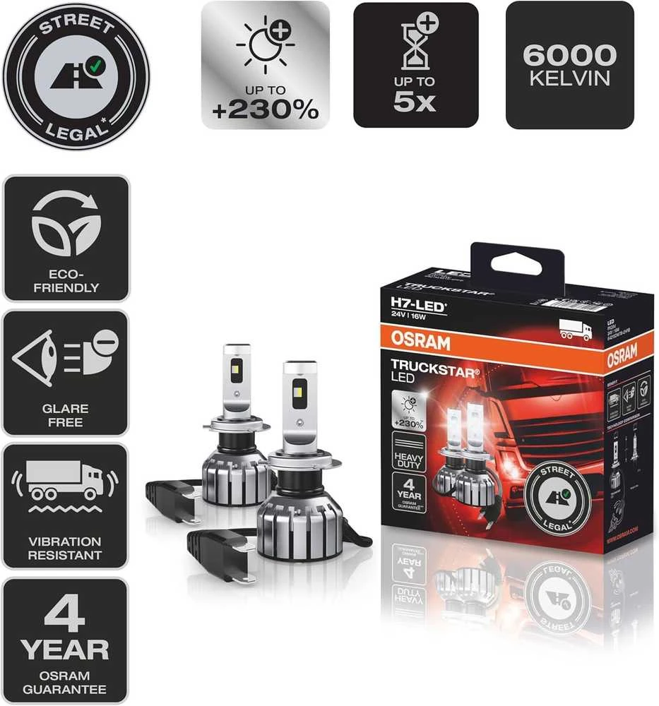 OSRAM H7 LED lempučių rinkinys su techninių savybių piktogramomis