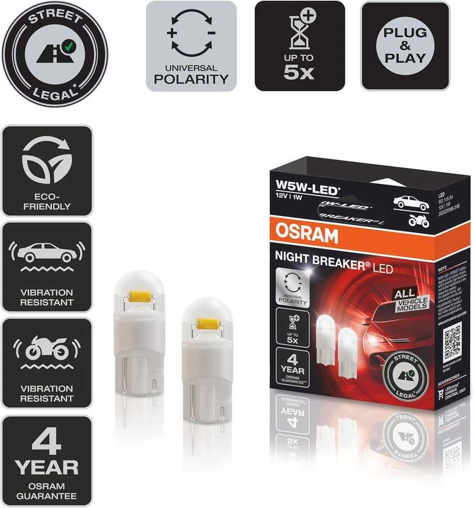 OSRAM Night Breaker W5W T10 LED lemputės 12V | Baltos | Teisėtos naudoti kelyje | 2 vnt.