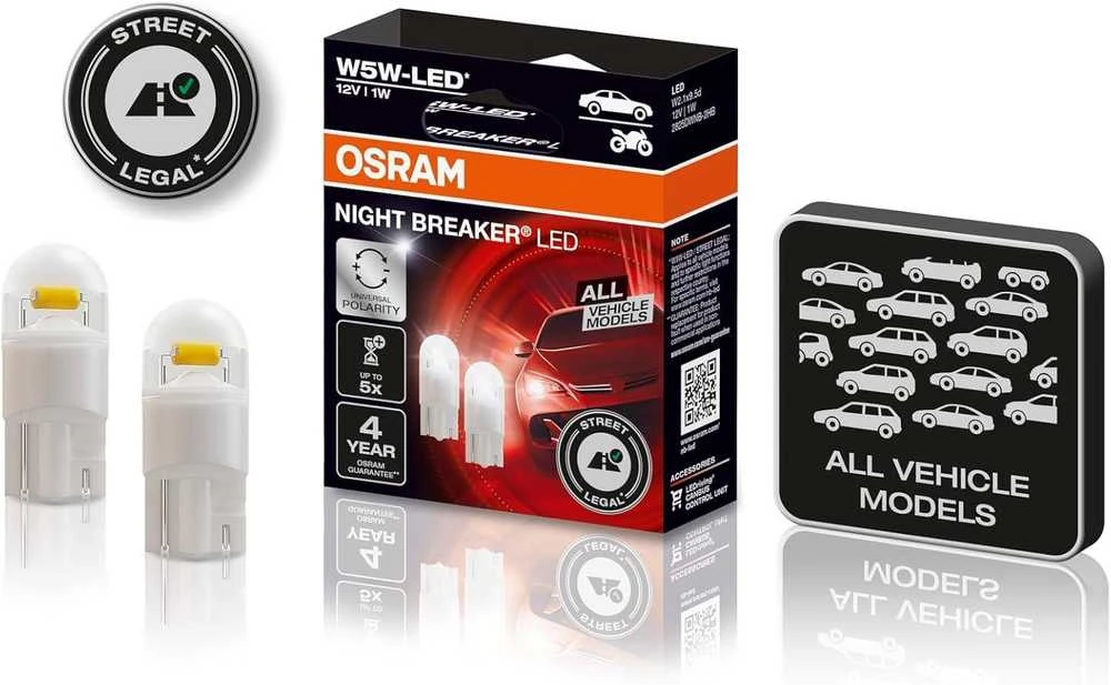 OSRAM Night Breaker W5W T10 LED lemputės 12V | Baltos | Teisėtos naudoti kelyje | 2 vnt.
