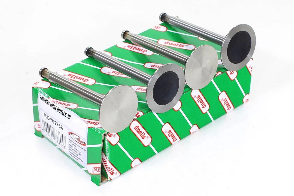 Other URAL DUELLS DI VOŽTUVAI. 2 įsiurbimo ir 2 išmetimo vožtuvai, skirti Ural modeliui. Išmetimo vožtuvo matmenys: ilgis 92 mm, skersmuo 40 mm, koto skersmuo 8 mm. Įsiurbimo vožtuvo matmenys: ilgis 91 mm, skersmuo 35 mm, koto skersmuo 8 mm.