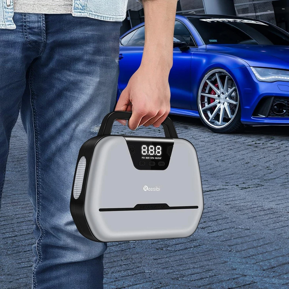 "Reesibi" oro kompresorius automobiliui - 12V/230V, skaitmeninis ekranas ir šviesos diodas