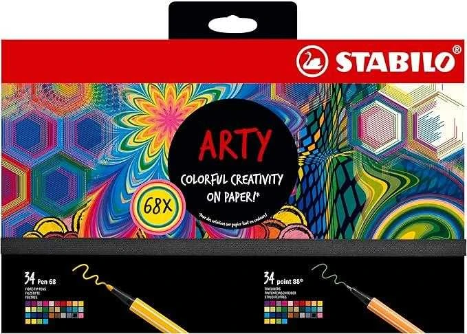 STABILO ARTY 68 vnt. plunksnakočių rinkinys su plunksnakočiu ir pluošto galiuku, įvairių spalvų