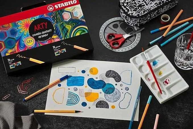 STABILO ARTY 68 vnt. plunksnakočių rinkinys su plunksnakočiu ir pluošto galiuku, įvairių spalvų
