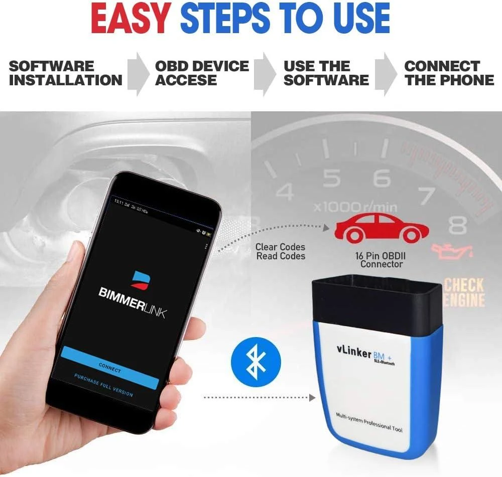 Tonwon Vlinker Bm+ OBD2 Bluetooth skeneris diagnostikos įrankis Android, iOS, Windows