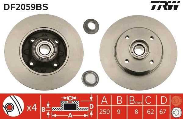 TRW 249x9 mm, 4x108, ištisinis, su rato guoliu, su ABS jutiklio žiedu DF2059BS