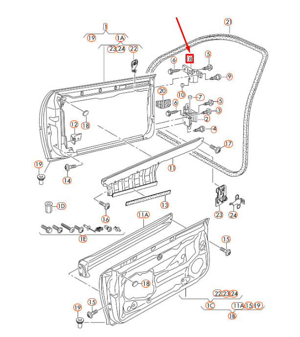 VAG AUDI A3 8P viršutinių durų vyrių priekinis kairysis originalus 8E0831401B