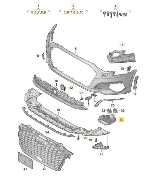 VAG AUDI A3 8Y Priekinis bamperis apatinė dešinė Satin Juodas grotelės 8Y0807682A9B9 Originalus