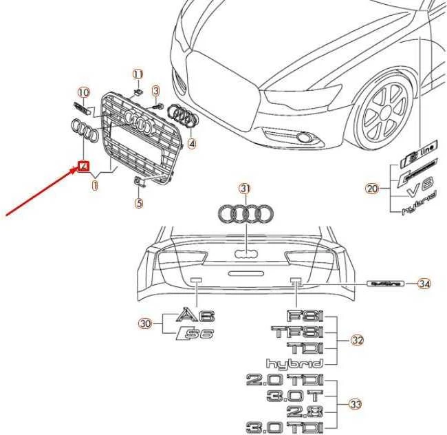 VAG Audi A4 A6 A6 A7 Q3 Q5 Q7 Emblema Žiedai Logotipas Ženklas Grotelės Juoda 4H0853605BT94 Originali