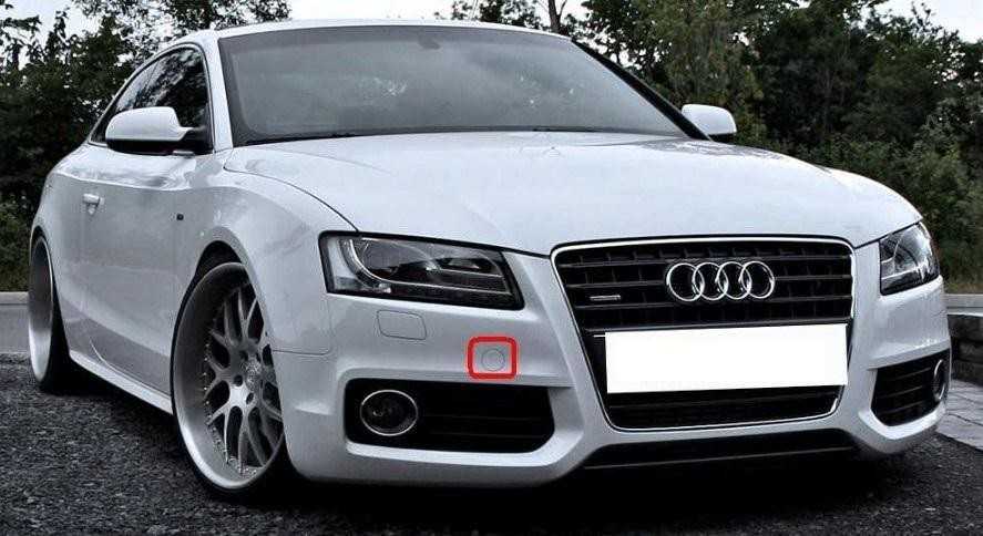 VAG AUDI A5 2008-2012 Priekinio buferio vilkimo kablio ausies dangtelis, gruntuotas, originalus 8T0807241GRU