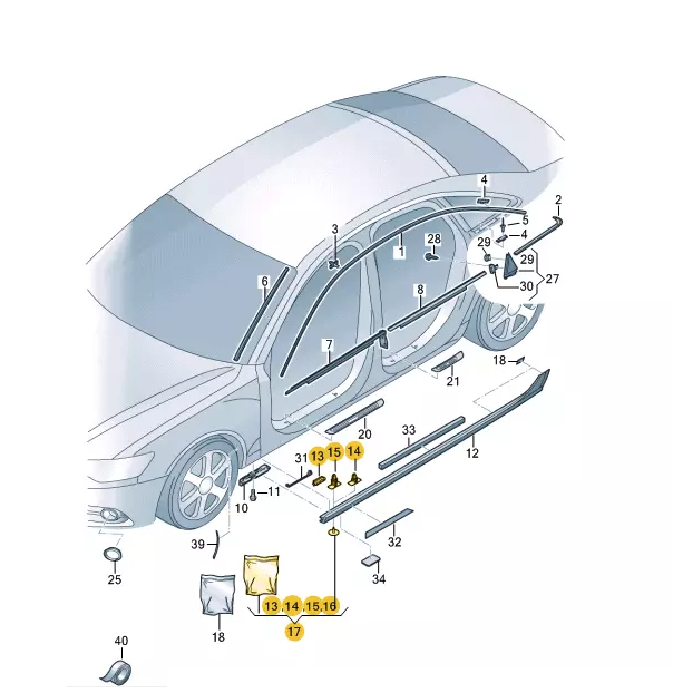 VAG AUDI A6 C7 Šoninės juostos tvirtinimo detalių klipų rinkinys Originalus 4G0898909