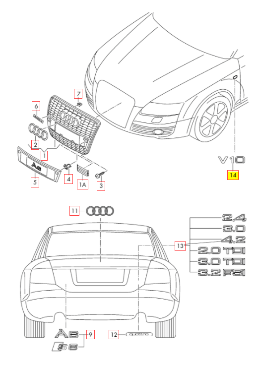 VAG AUDI A6 S6 C6 A8 D3 RS6 R8 2004- Chromuota emblema V10 originali 4E0853601A2ZZ
