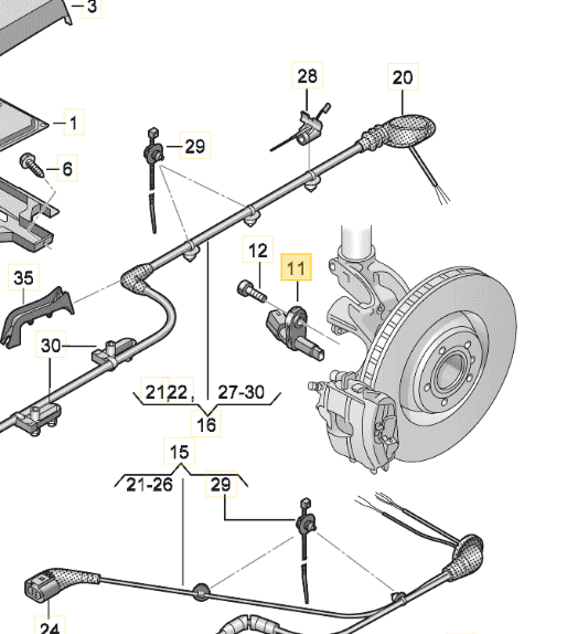 VAG "Audi RS3" galinio kairės pusės vairuotojo ABS ratų greičio jutiklis originalus WHT003857C