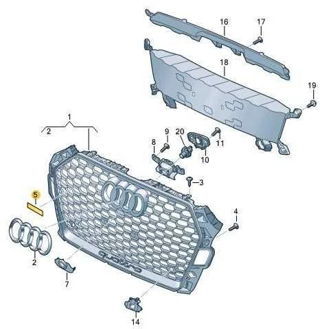 VAG AUDI RS5 priekinės radiatoriaus grotelės su ženkliuku "RS5", blizgios juodos spalvos, originalios 8W6853736CT94