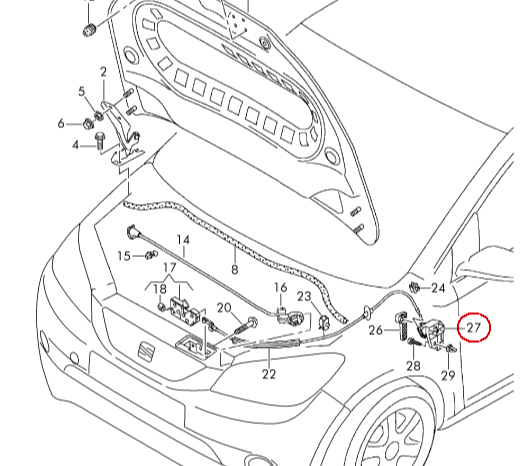 VAG Audi TT 8S LHD variklio dangčio atlaisvinimo rankenos laikiklio laikiklis originalus 1K1823633B