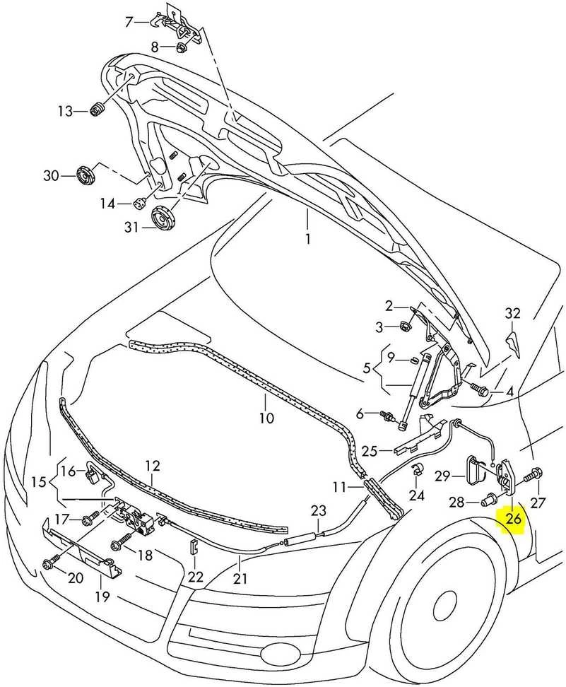 VAG Audi TT TTS 8J RHD variklio dangčio atleidimo rankenos laikiklis originalus 8J2823633C