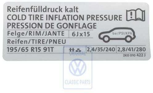 Vag Caddy Mk3 2004 2011 Padangos Slėgio Ženklinys Originalus 2K0010422J