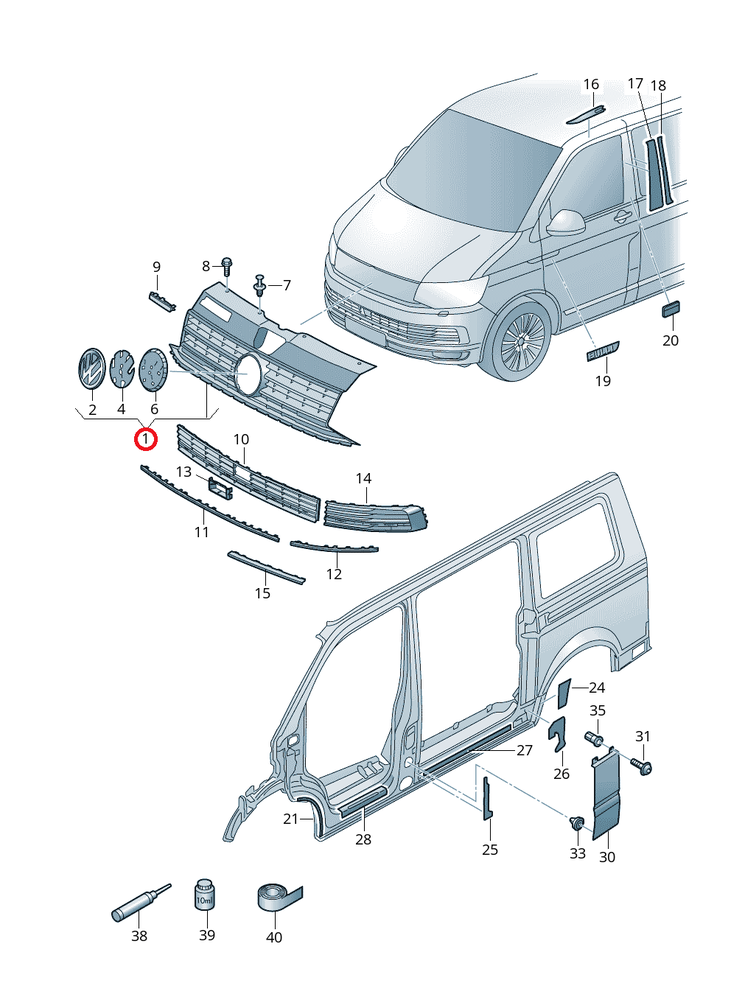 Vag Priekinis Centrinis Radiatoriaus Grotelis Volkswagen Transporter Kombi T6 Originalus 7E0853651A