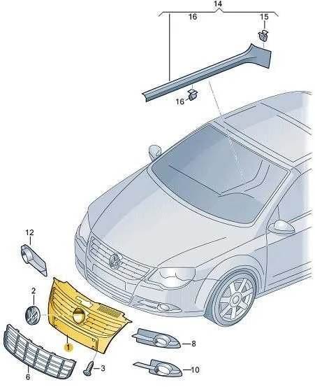 VAG "Volkswagen EOS" priekinės radiatoriaus grotelės originalios 1Q0853641WAD