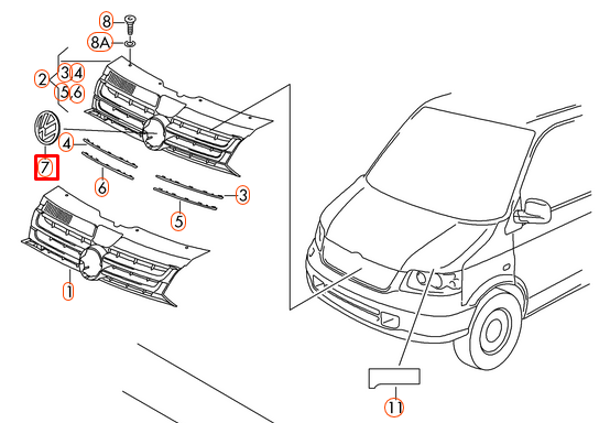 VAG Volkswagen TRANSPORTER T5 priekinių grotelių ženkliukas 7E0853601C739 originalus