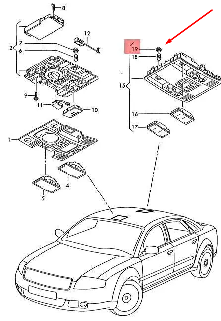 VAG VW Audi A8 Skoda VW Audi A8 Skoda Sėdynės lemputės lizdo laikiklis originalus 3D0919039
