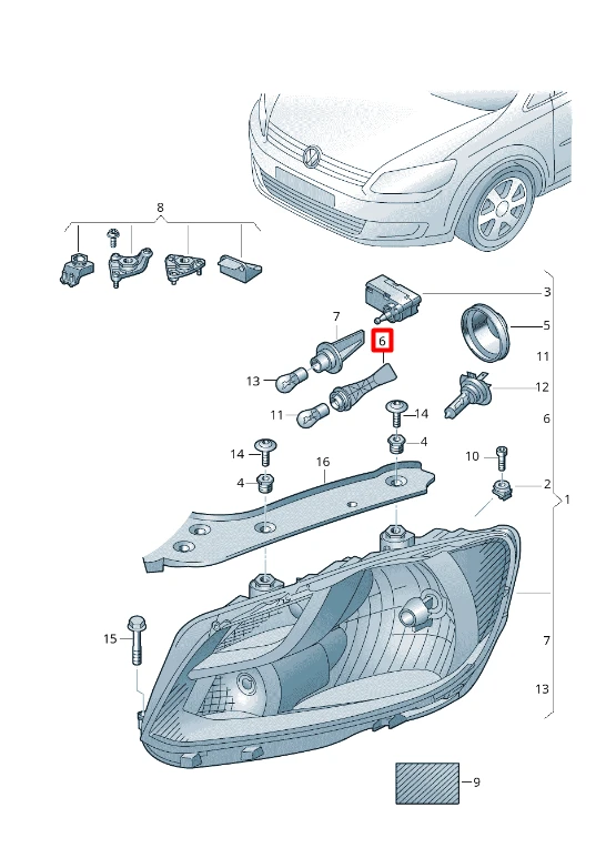 VAG VW CADDY 2K dienos šviesos ir šoninių žibintų lemputės lizdo montavimas originalus 2K5953123B