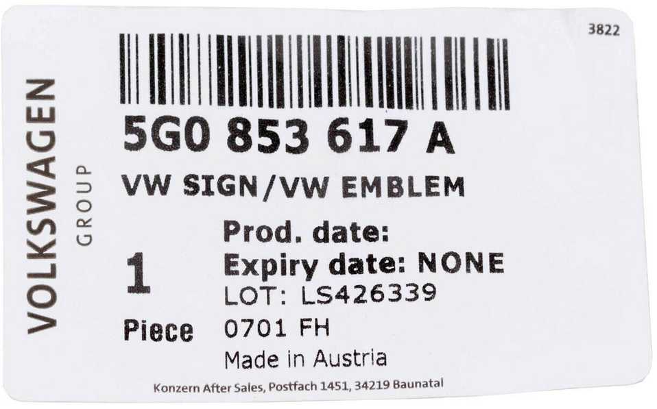 VAG VW GOLF 7 iki MY 2020 Emblema su logotipu ant galinių durelių, juoda, chromuota, originali 5G0853617A