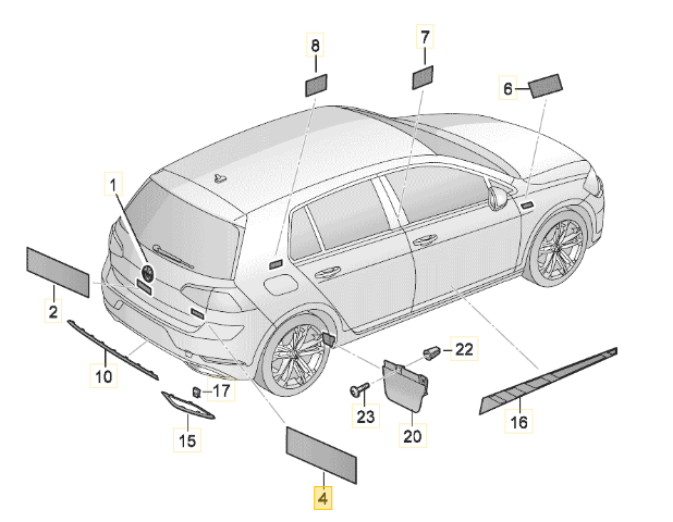 VAG VW GOLF MK8 galinis dešinysis eTSI ženkliukas su užrašu Emblema chromuota 5H0853675L2ZZ originali