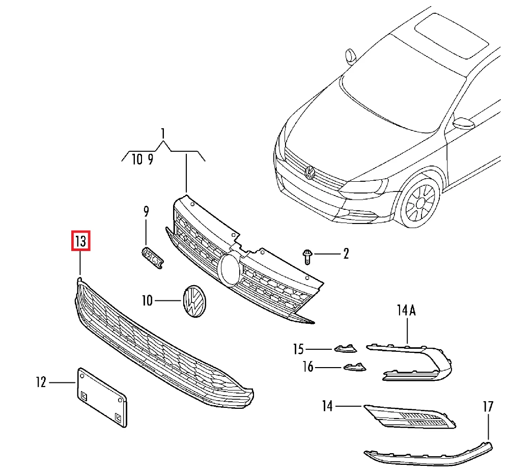 VAG VW priekinio bamperio apatinė centrinė juoda grotelė 5C6853677Q9B9