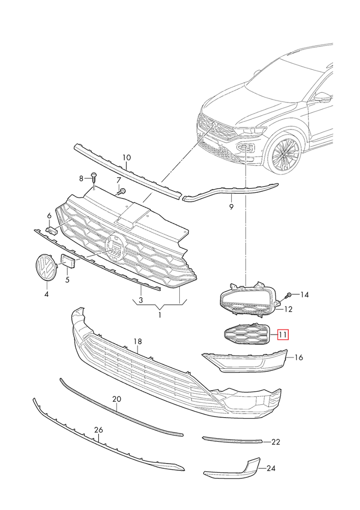 VAG VW T ROC priekinio bamperio apatinės grotelės dešinės pusės 2GA853212A9B9 originalios