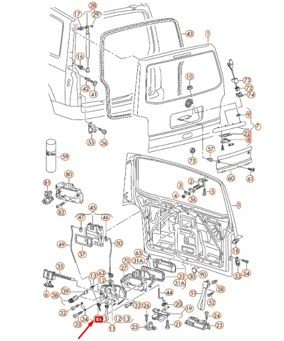 VAG VW Transporter T5 galinio dangčio užrakto spaustukas originalus 7H0827947