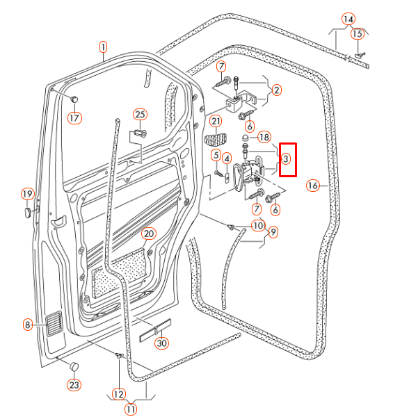 VAG VW TRANSPORTER T5 priekinis dešinysis O/S durų apatinis lankstas originalus 7E0831412D