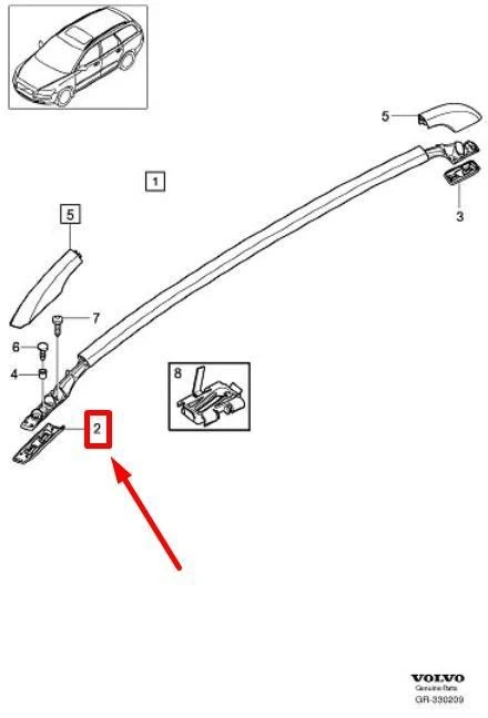 Volvo V50 priekinė kairė stogo bėgelio tarpinė Originali 8678703