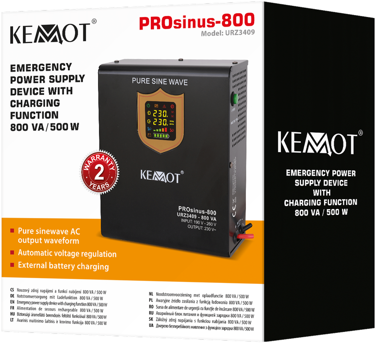KEMOT PROsinus-800 Sieninis nepertraukiamo maitinimo šaltinis, su įkrovimo funkcija 12V 230V 800VA/500W