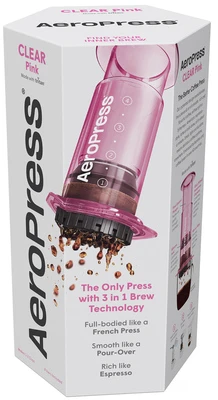 AeroPress – skaidrios rožinės spalvos kavos virimo aparatas