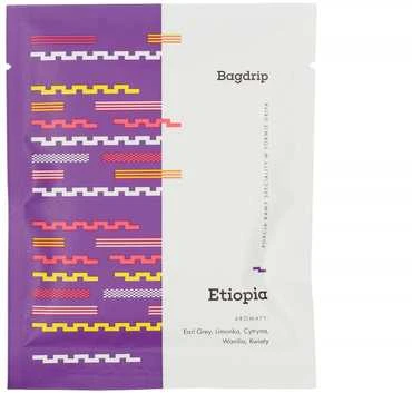 Etiopijos kavos paketėlis su violetiniu dizainu