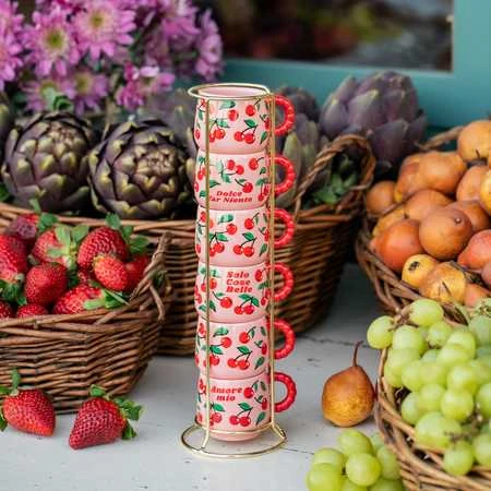 Bialetti espresso puodeliai rožiniai su vyšniomis stovelyje