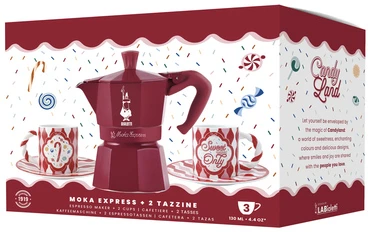 Bialetti Candyland Rinkinys: Moka Express 3TZ (150 ml) raudona + 2 filiżanki